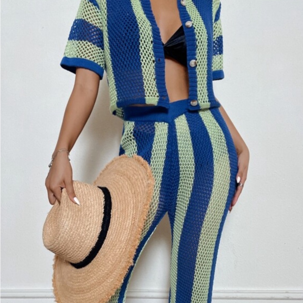 Two Tone Hollow Out Cover Up Beach Set! Top/ PANTS / SHEIN BEACHWEAR